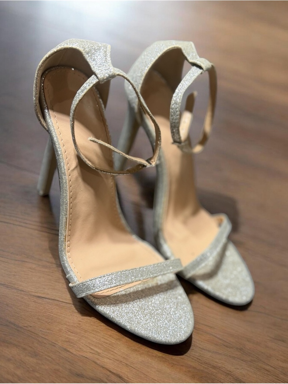 Silver Glitter Ankle-Strap High Heels